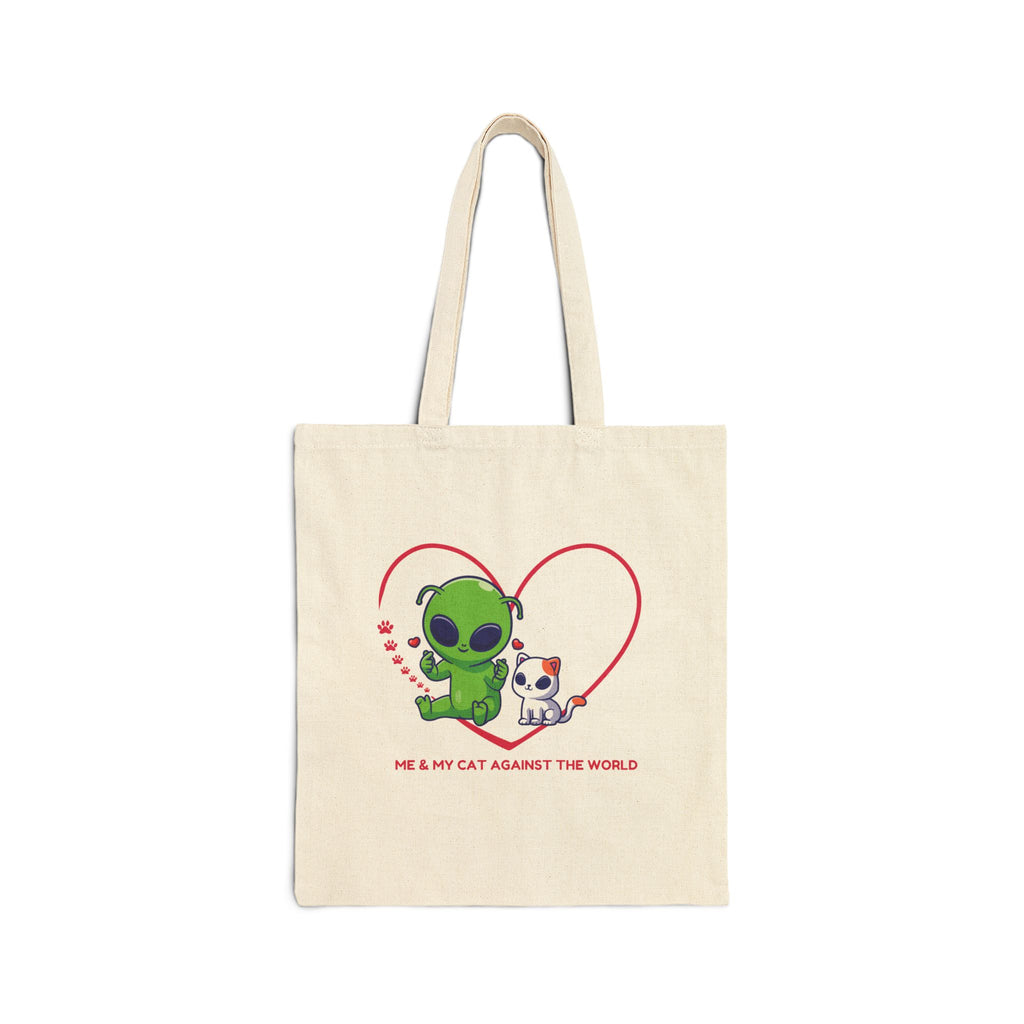 Tote Bag — Cute Alien & Cat Heart Canvas Tote (Me & My Cat Against The World)