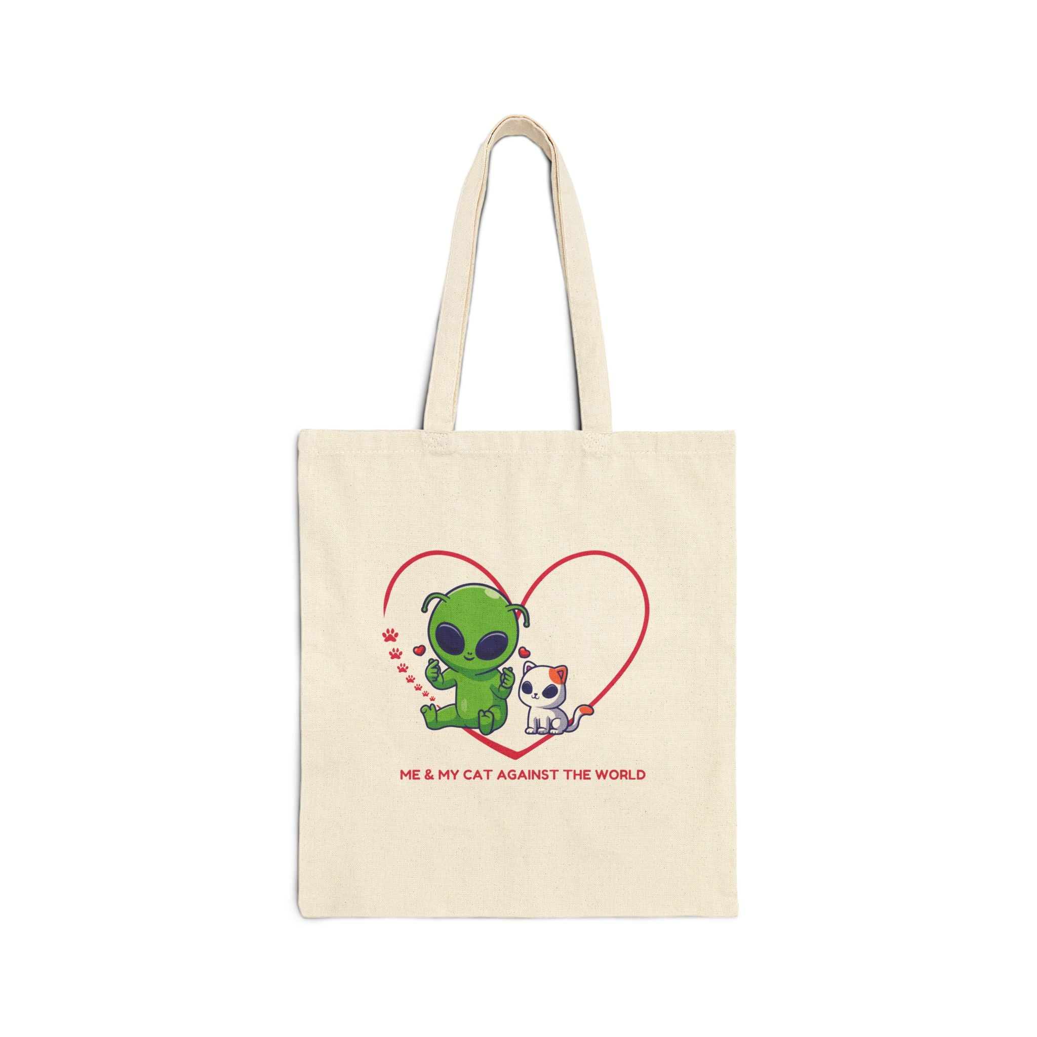 Tote Bag — Cute Alien & Cat Heart Canvas Tote (Me & My Cat Against The World)
