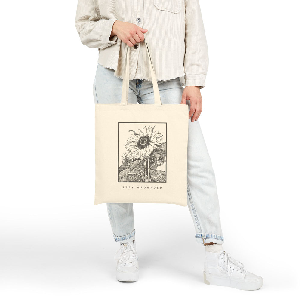 Sunflower Sketch Tote Bag — "Stay Grounded" Cotton Canvas Grocery Tote