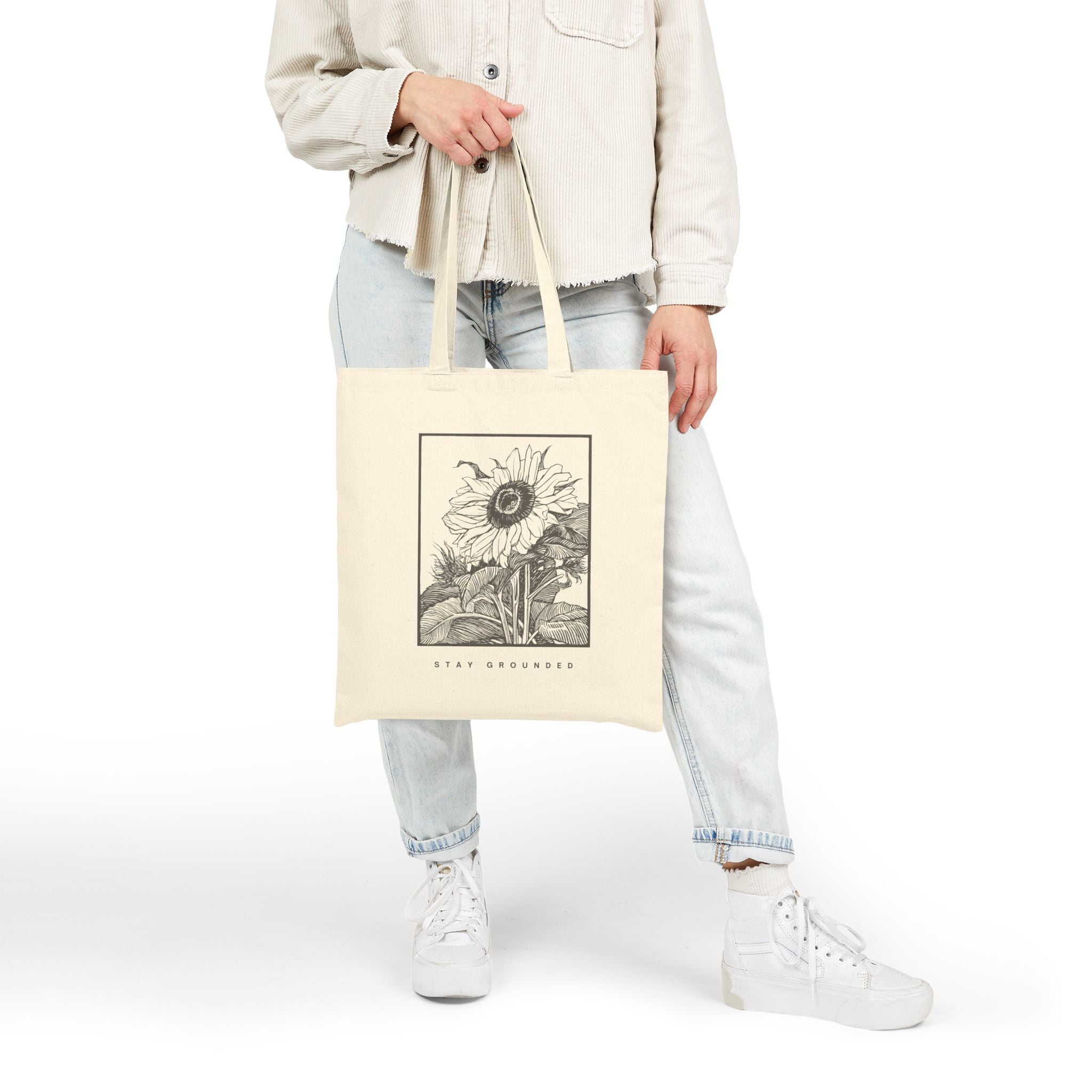 Sunflower Sketch Tote Bag — "Stay Grounded" Cotton Canvas Grocery Tote