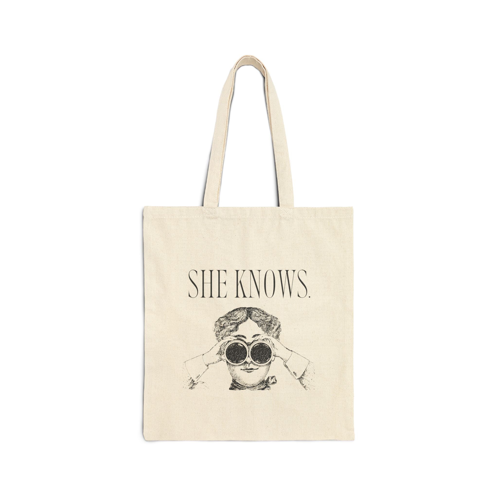 She Knows Tote Bag — Vintage Chic Cotton Canvas Grocery & Market Tote