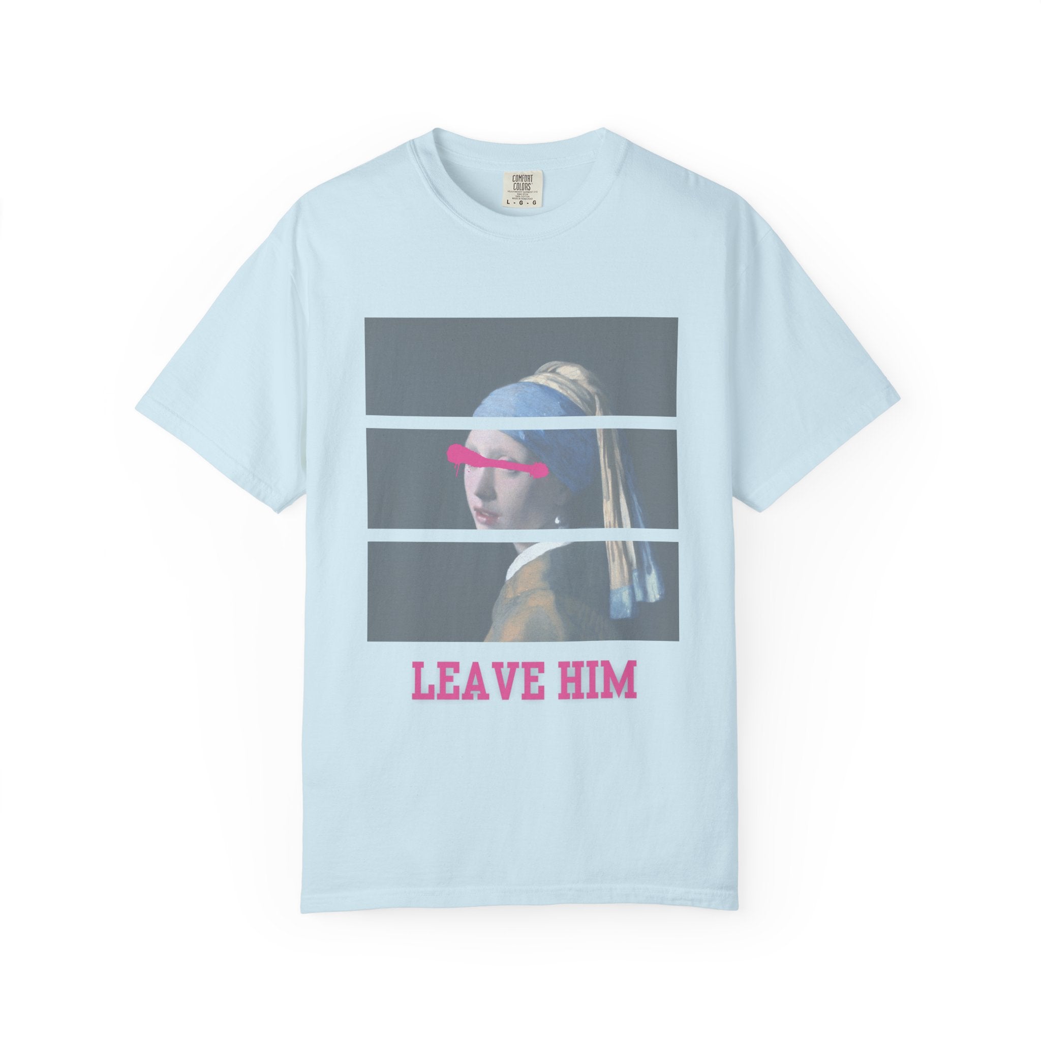 T‑Shirt — 'Leave Him' Girl with Pearl Split-Panel Graphic