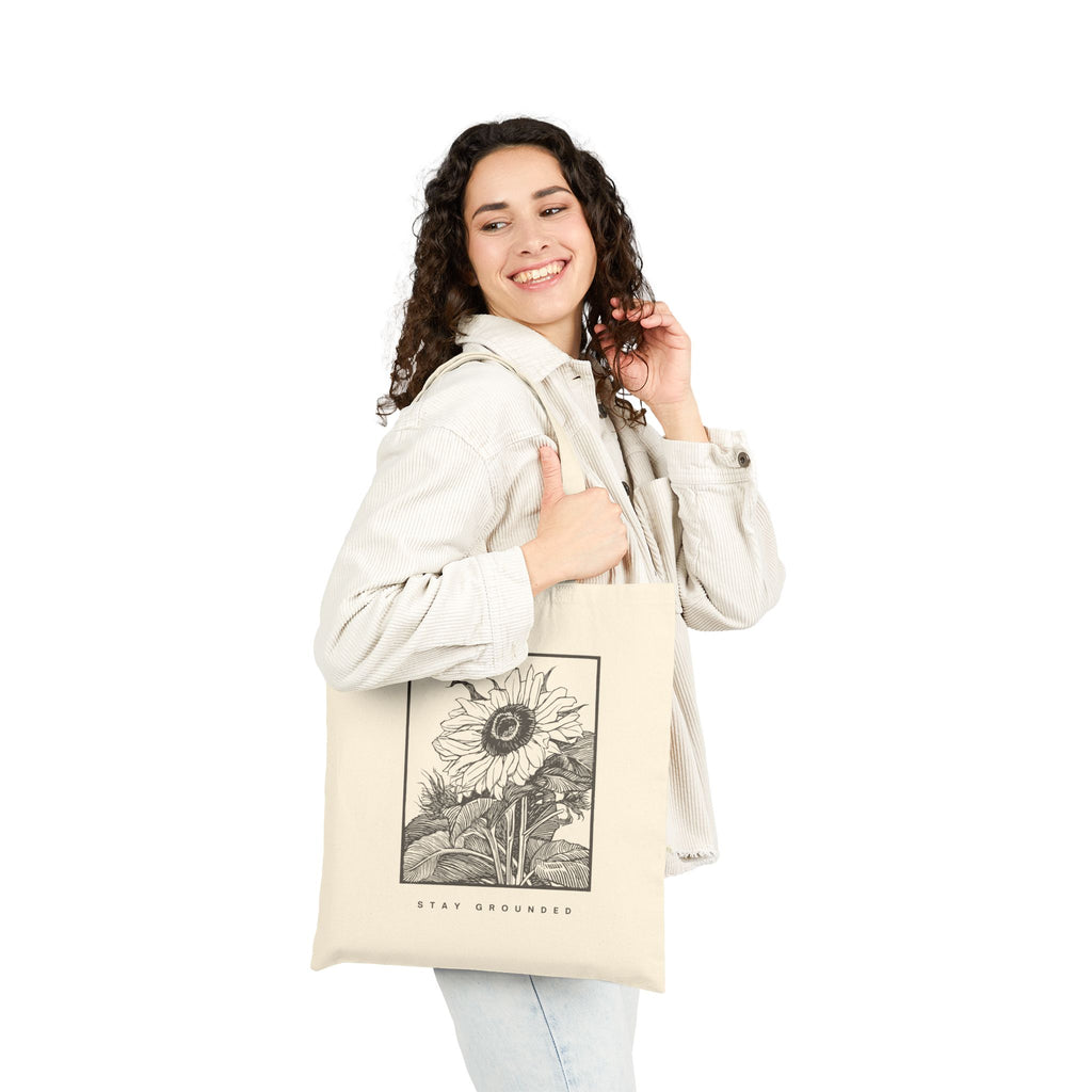 Sunflower Sketch Tote Bag — "Stay Grounded" Cotton Canvas Grocery Tote