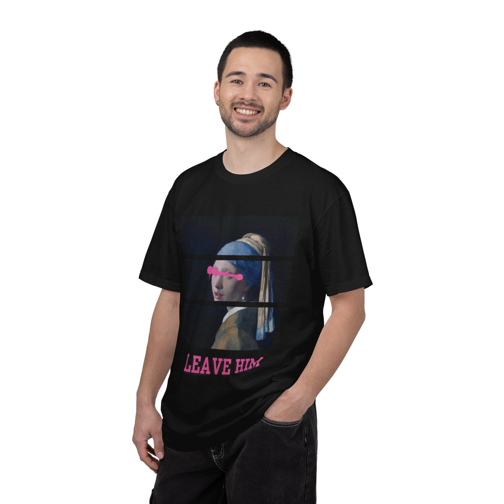 T‑Shirt — 'Leave Him' Girl with Pearl Split-Panel Graphic