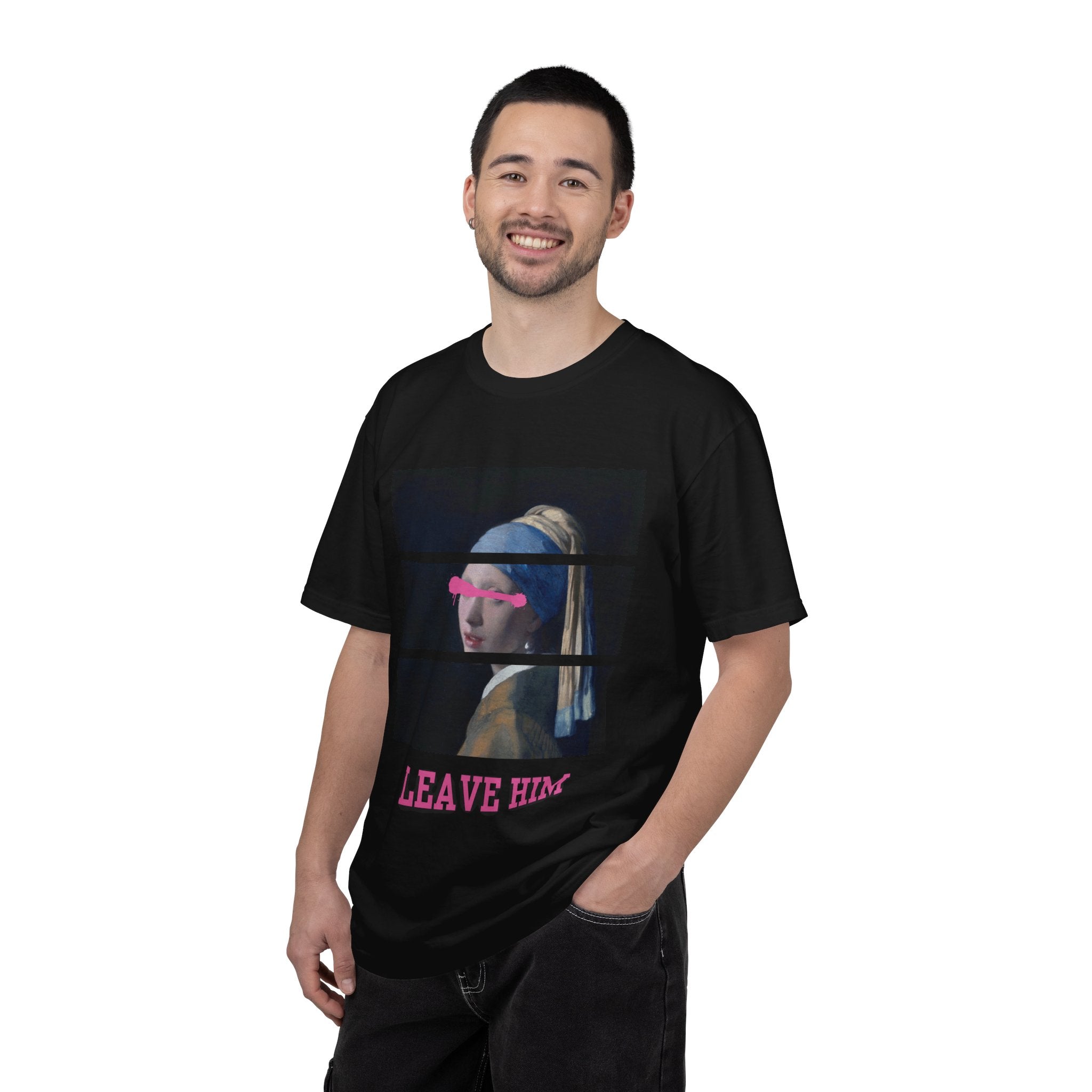 T‑Shirt — 'Leave Him' Girl with Pearl Split-Panel Graphic