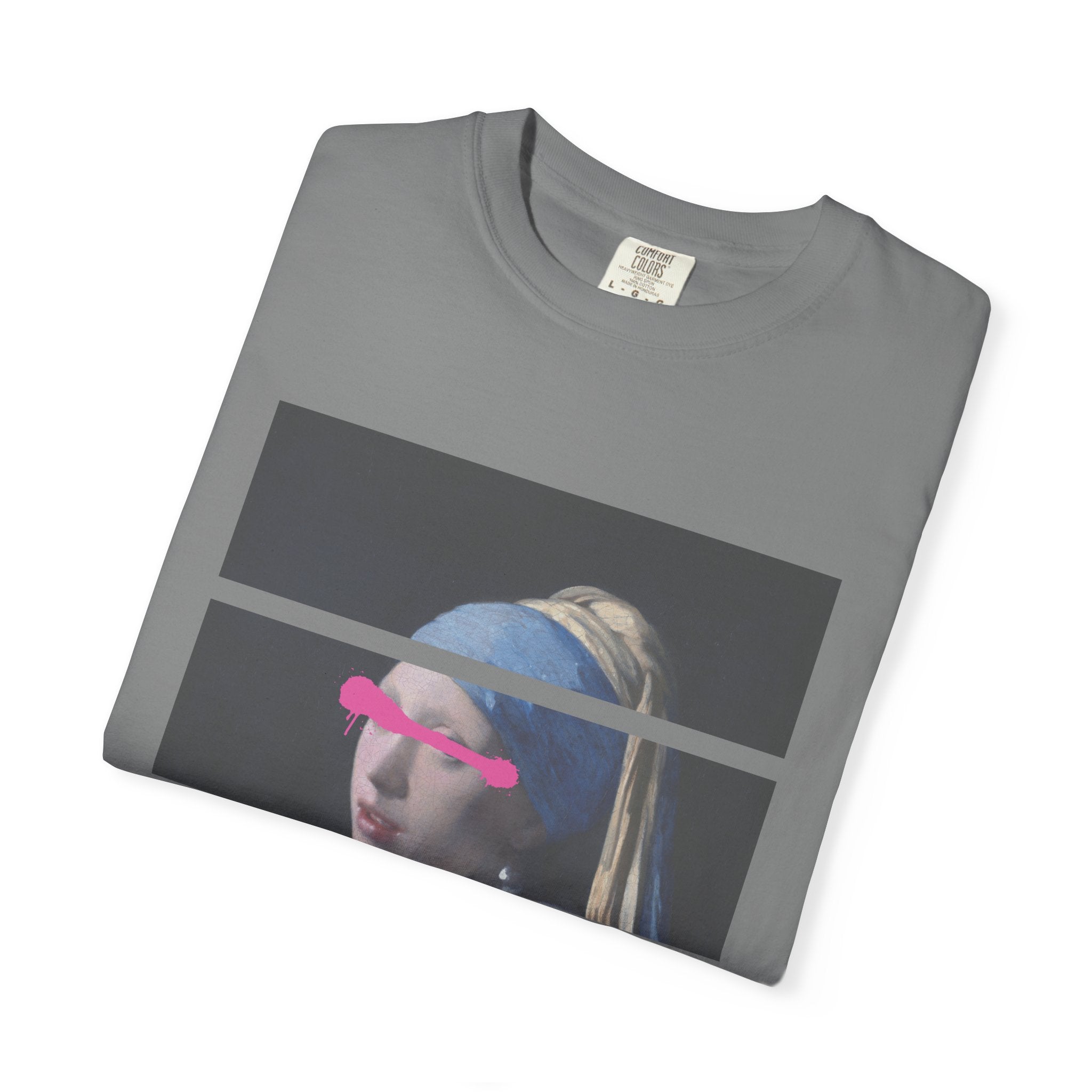 T‑Shirt — 'Leave Him' Girl with Pearl Split-Panel Graphic