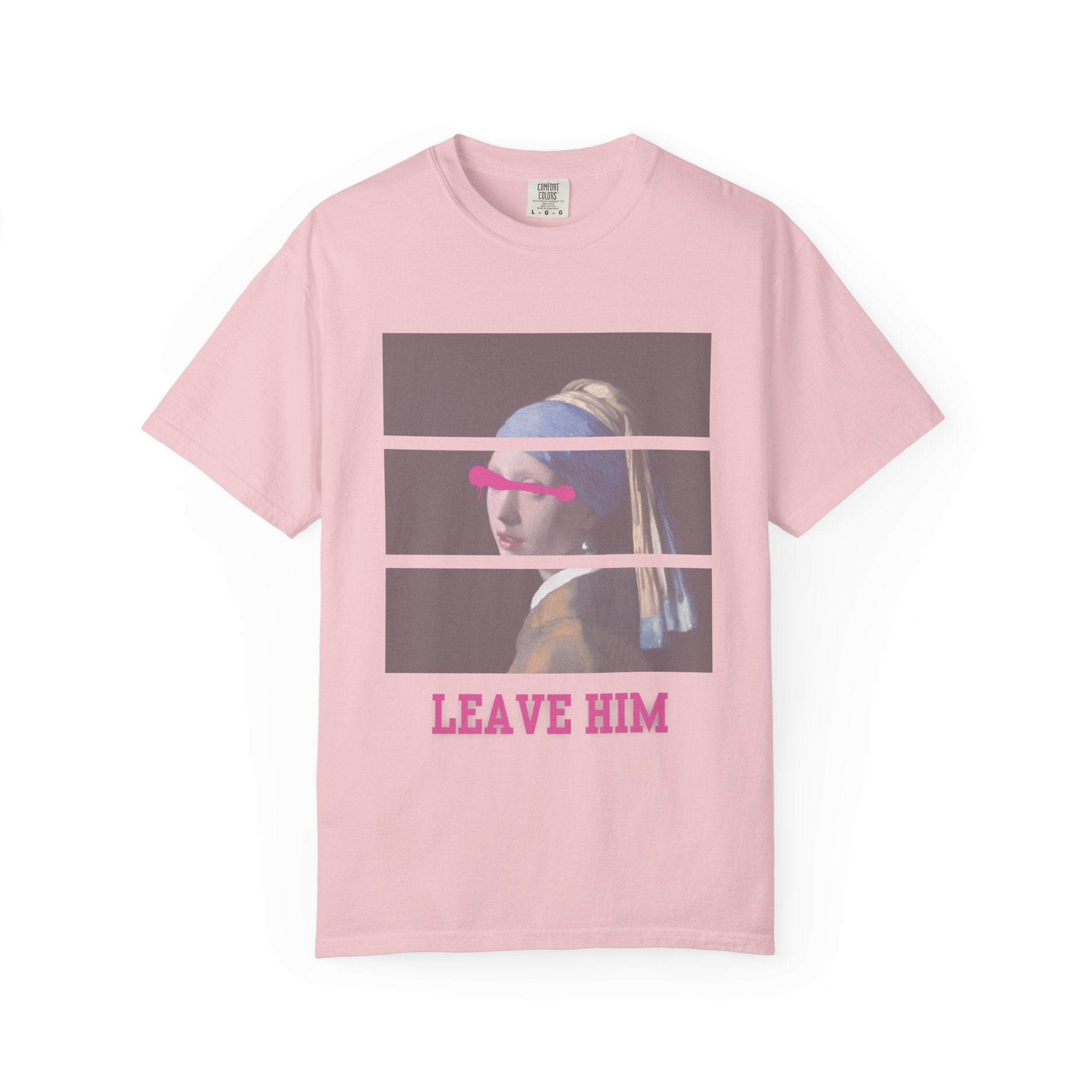 T‑Shirt — 'Leave Him' Girl with Pearl Split-Panel Graphic