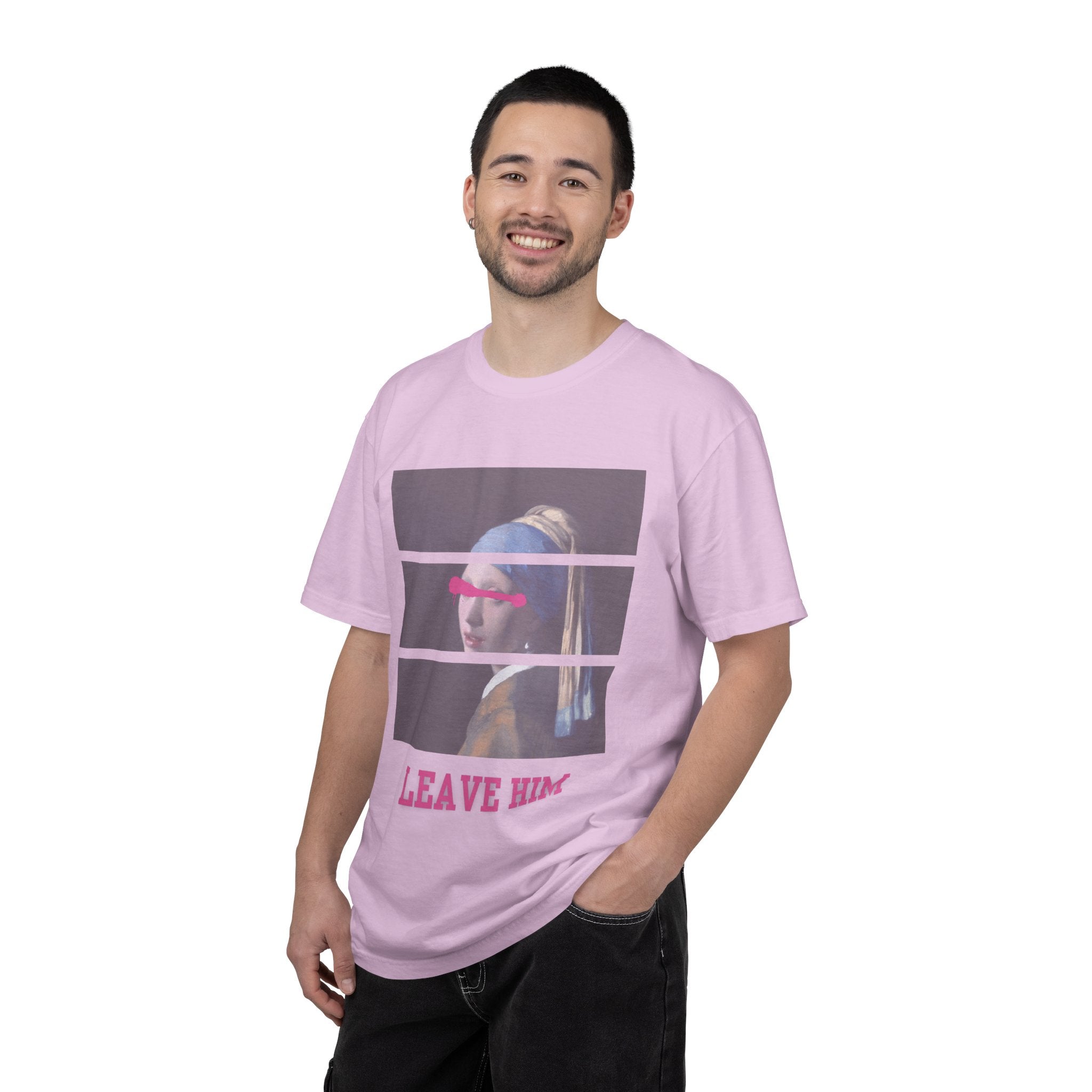 T‑Shirt — 'Leave Him' Girl with Pearl Split-Panel Graphic