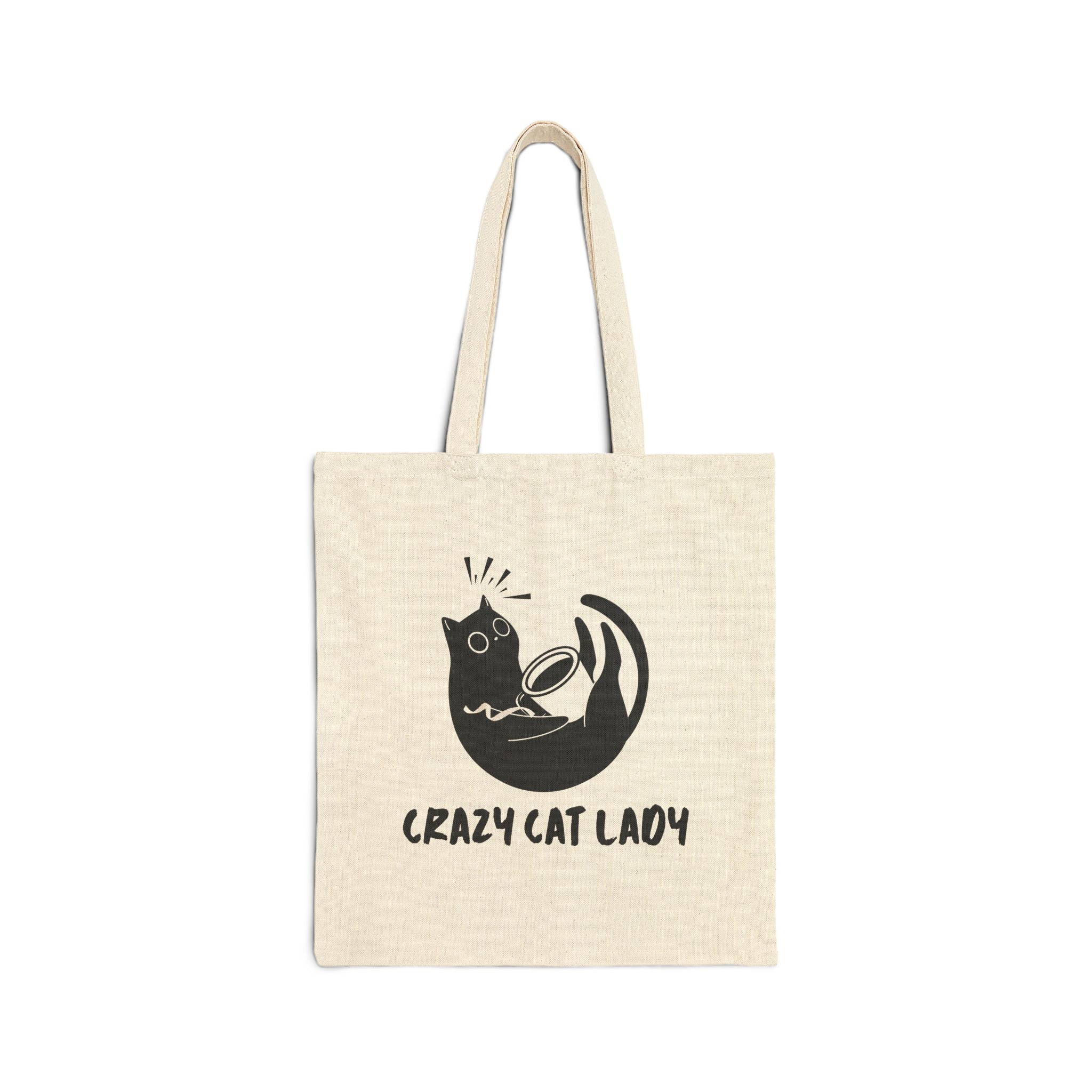 Crazy Cat Lady Canvas Tote Bag — Funny Black Cat Illustration Cotton Shopper