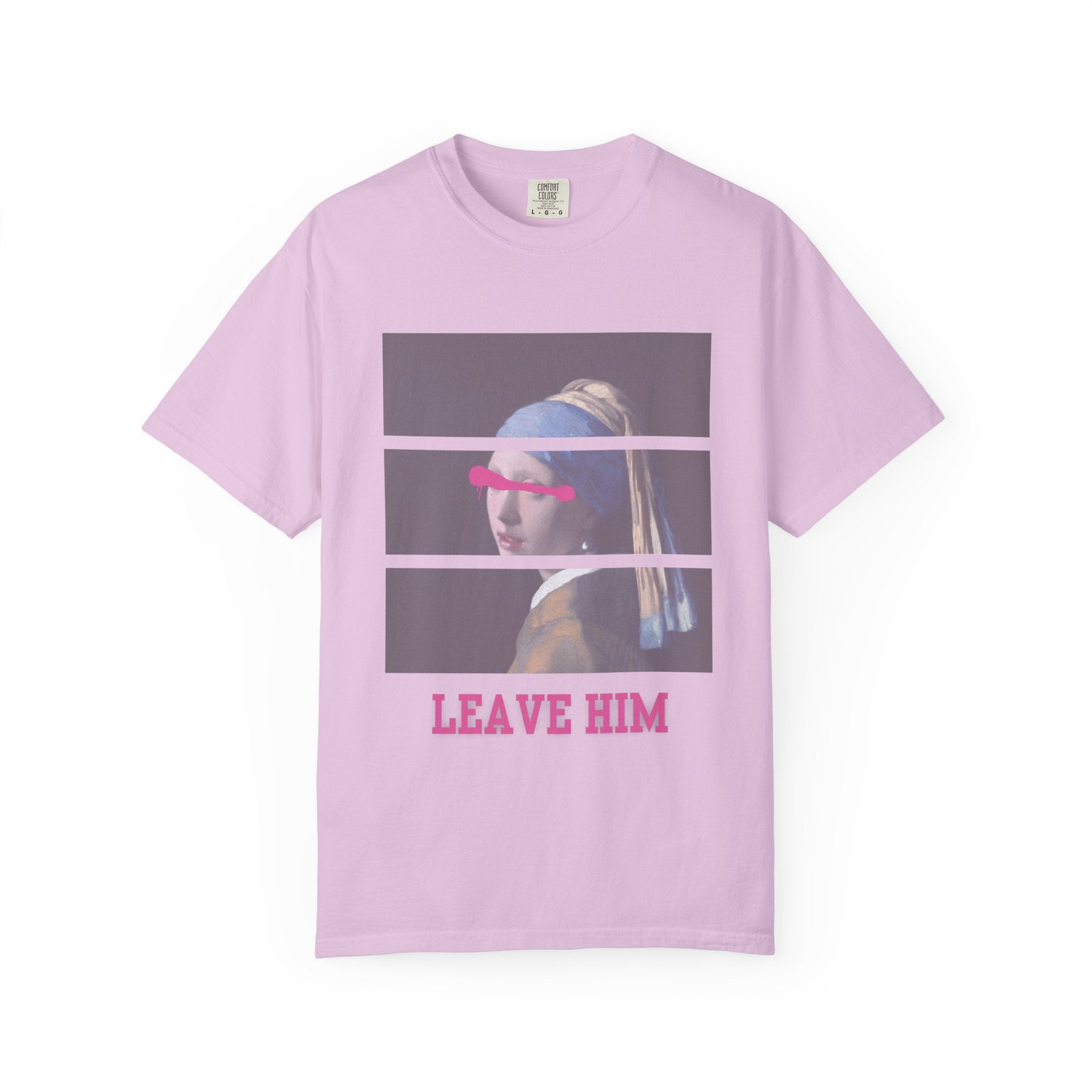 T‑Shirt — 'Leave Him' Girl with Pearl Split-Panel Graphic