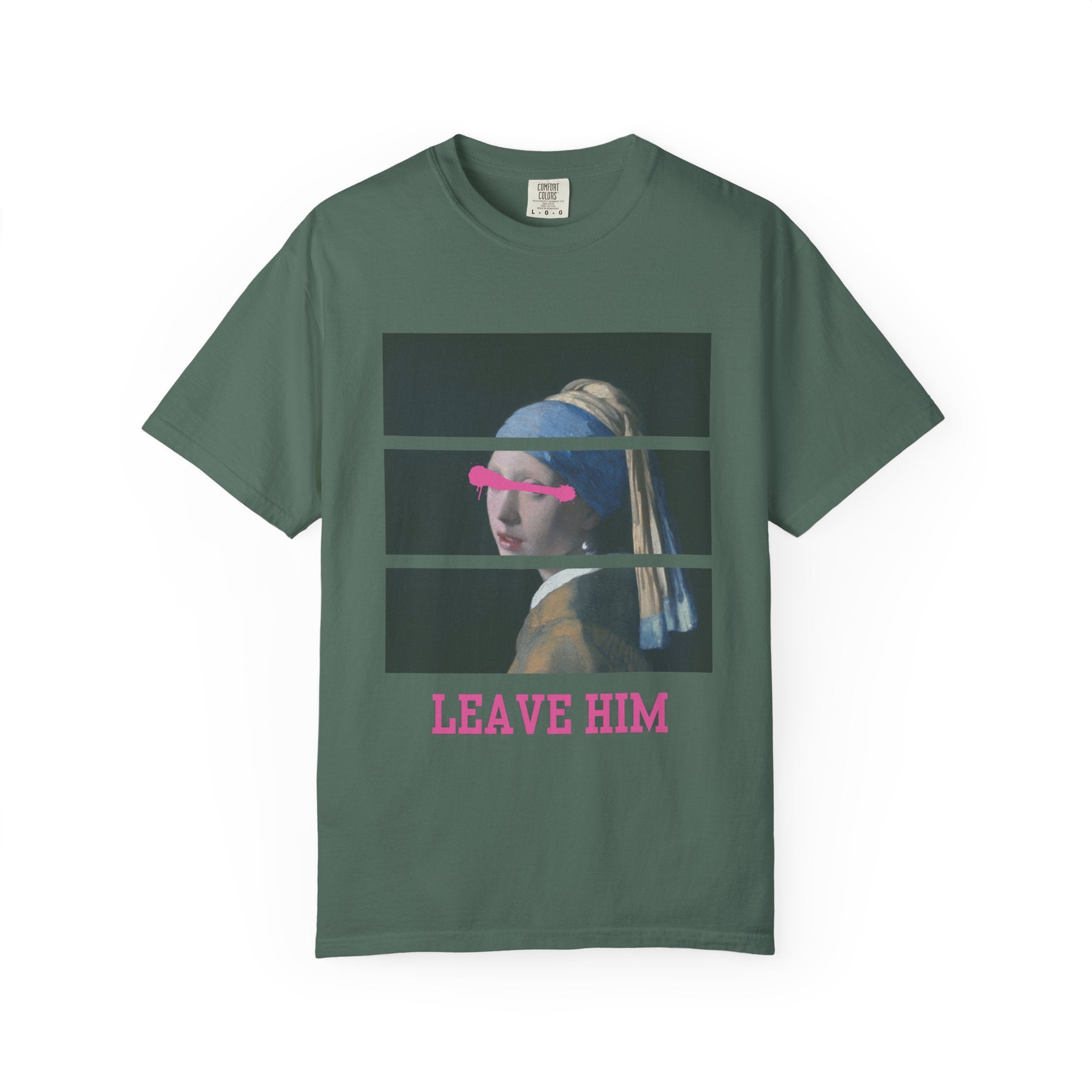 T‑Shirt — 'Leave Him' Girl with Pearl Split-Panel Graphic
