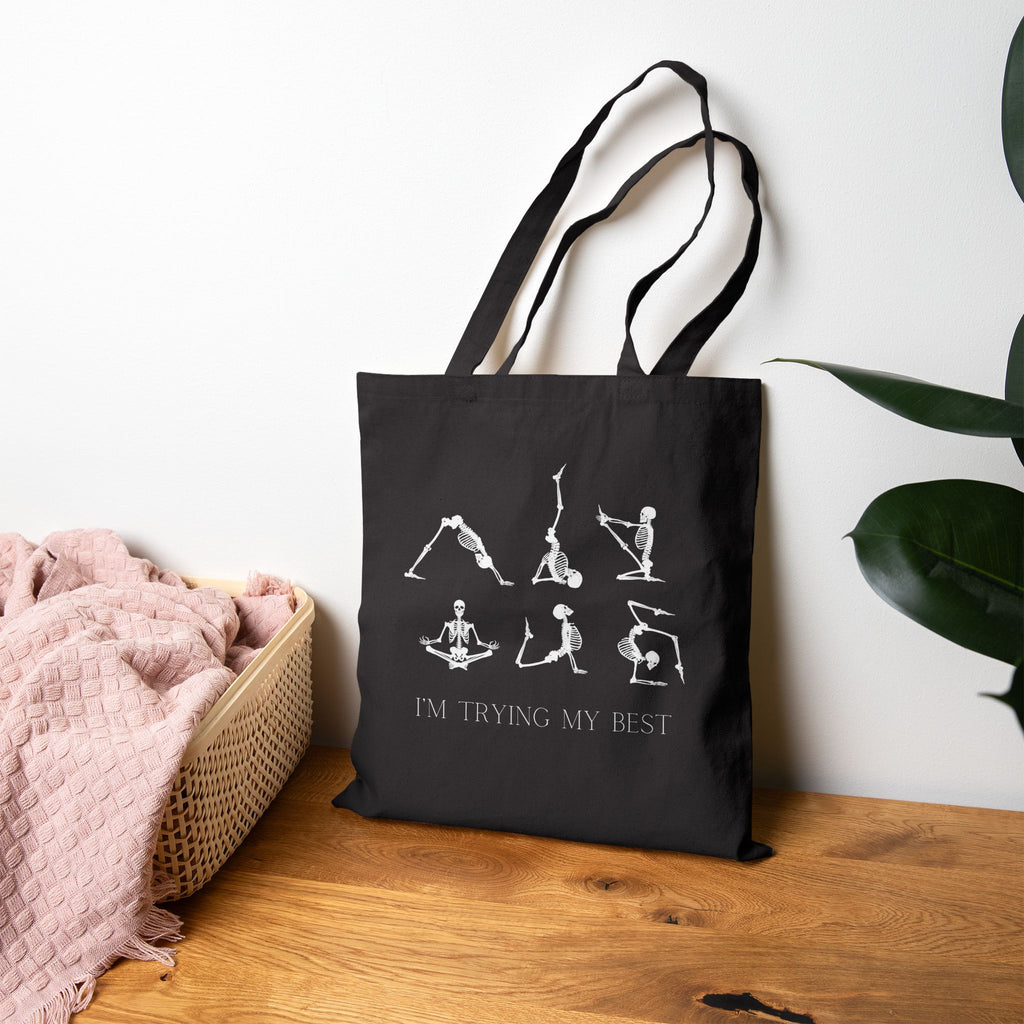 Yoga Pose Tote Bag - "I'm Trying My Best" Cotton Canvas Grocery & Workout Bag