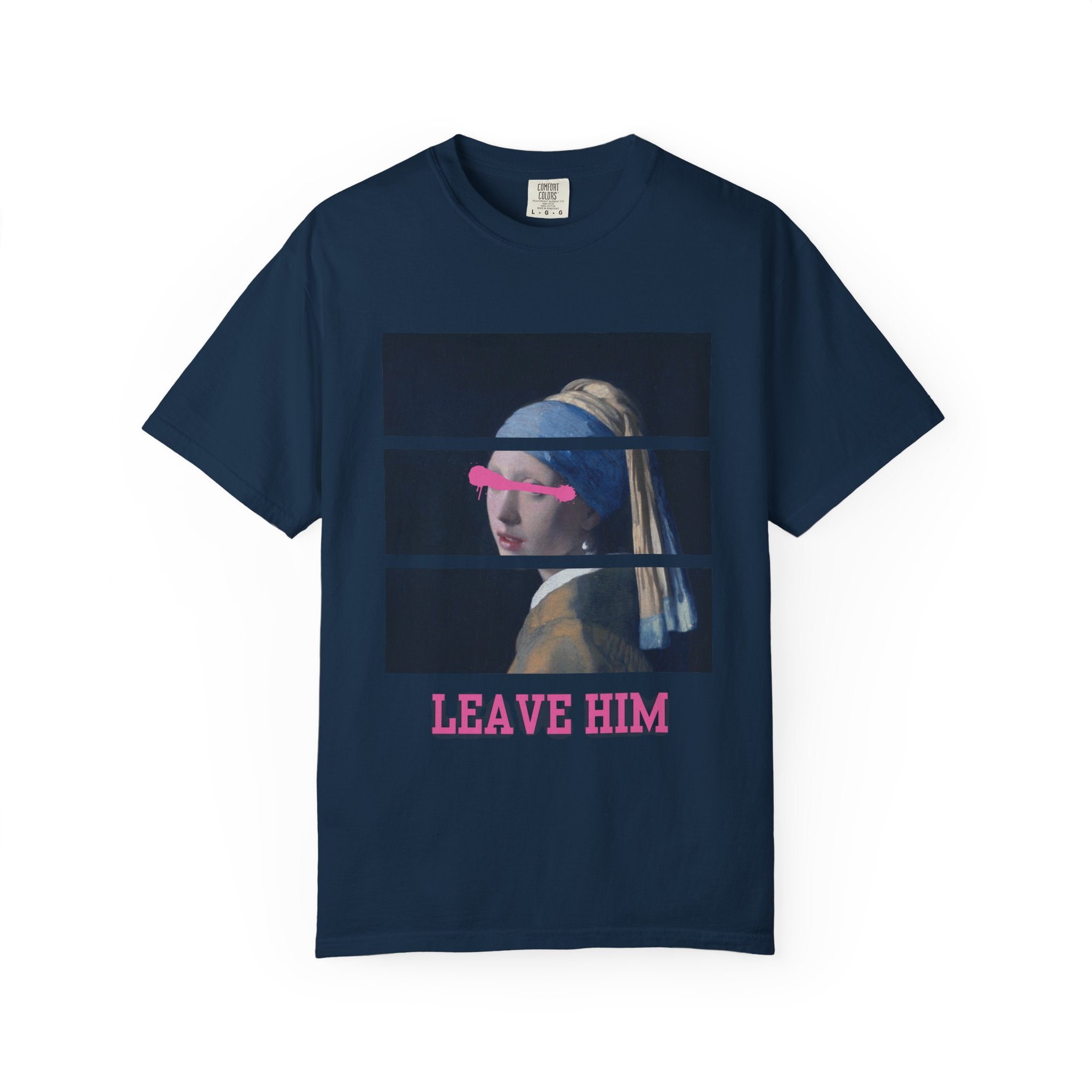 T‑Shirt — 'Leave Him' Girl with Pearl Split-Panel Graphic