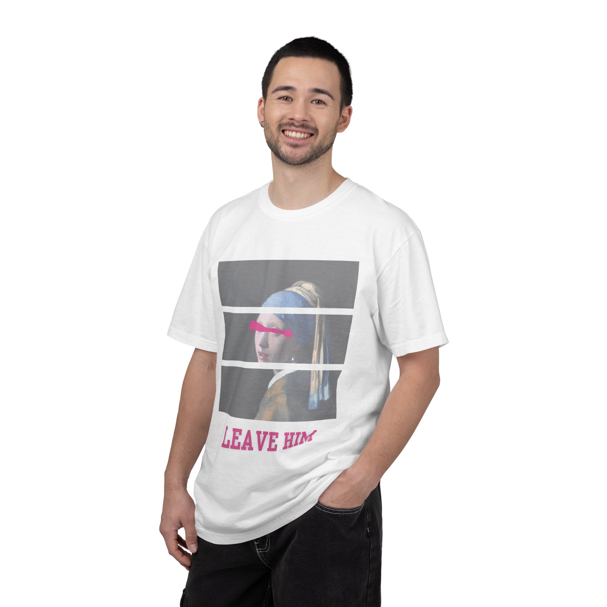 T‑Shirt — 'Leave Him' Girl with Pearl Split-Panel Graphic