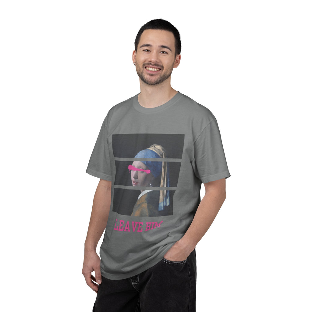 T‑Shirt — 'Leave Him' Girl with Pearl Split-Panel Graphic