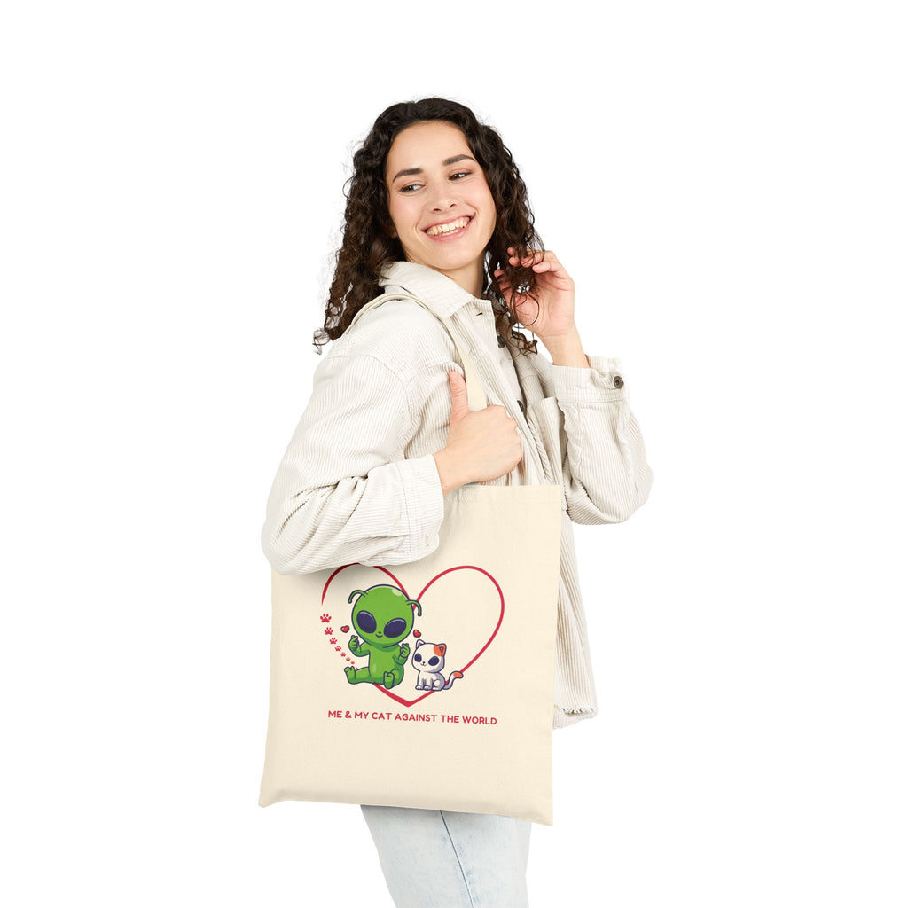 Tote Bag — Cute Alien & Cat Heart Canvas Tote (Me & My Cat Against The World)