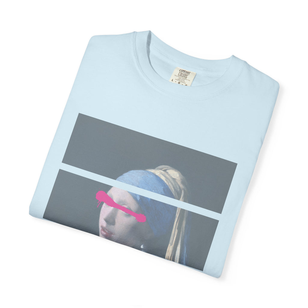 T‑Shirt — 'Leave Him' Girl with Pearl Split-Panel Graphic