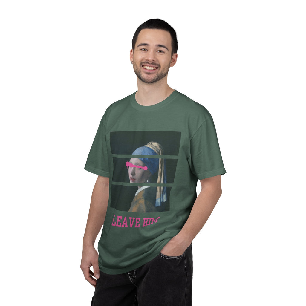 T‑Shirt — 'Leave Him' Girl with Pearl Split-Panel Graphic