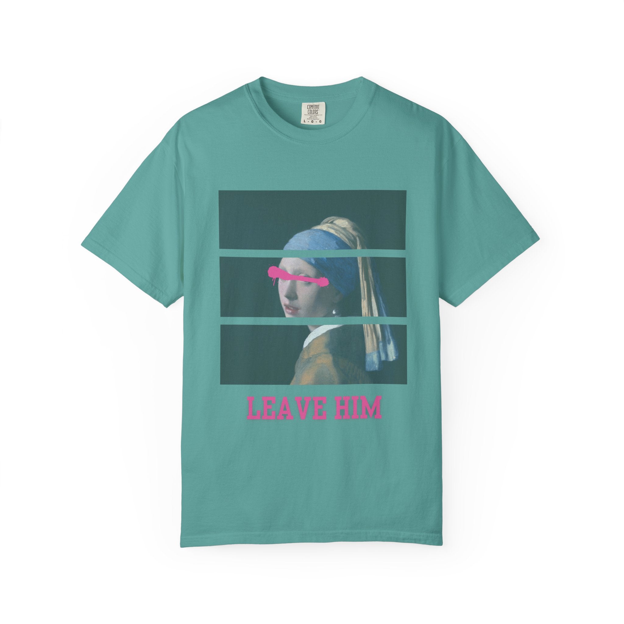 T‑Shirt — 'Leave Him' Girl with Pearl Split-Panel Graphic